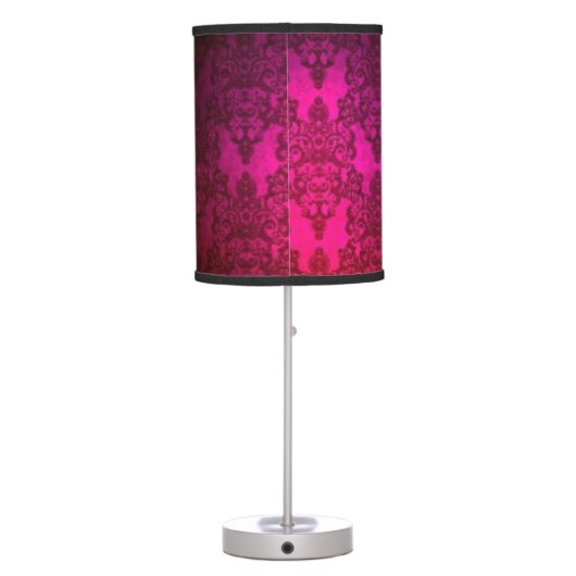 Deep Magenta Pink Victorian Style Damask Pattern Table Lamp (Back)