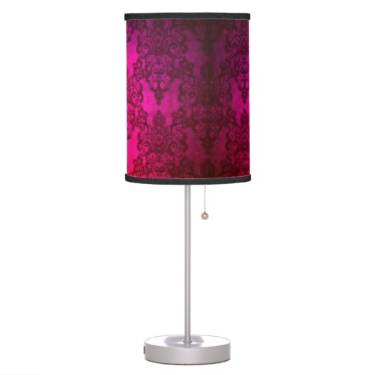 Deep Magenta Pink Victorian Style Damask Pattern Table Lamp (Left)