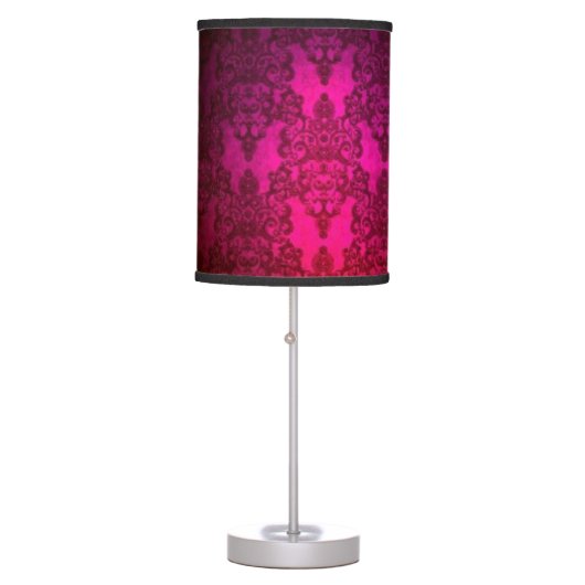 Deep Magenta Pink Victorian Style Damask Pattern Table Lamp (Front)
