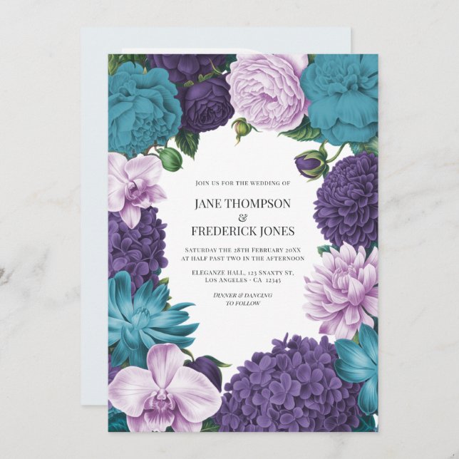 Deep Marine, Slate Orchid & Cloud Lilac Wedding Invitation (Front/Back)