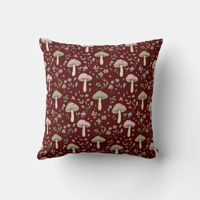Deep Maroon Fungi Seamless Gothic Dark Academia  Throw Pillow (Back)