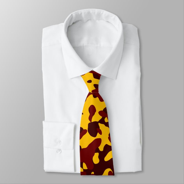 Deep Maroon, Golden Yellow, and Dark Red Camouflag Neck Tie (Tied)