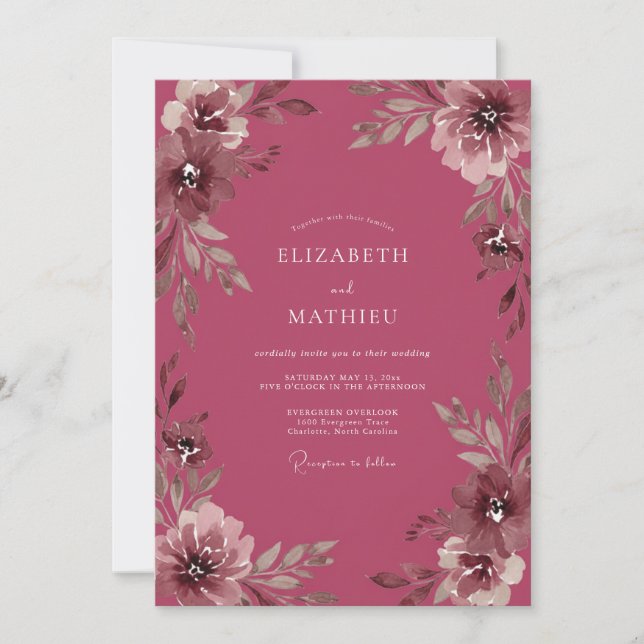 Deep Mauve Ranunculus Eucalyptus Wedding Invitation (Front)