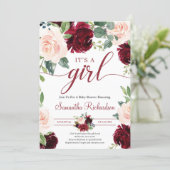 Deep Merlot Florals Maroon and Navy It's A GIrl Invitation (Standing Front)