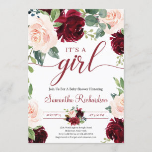Deep Merlot Florals Maroon and Navy It's A GIrl Invitation