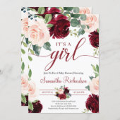 Deep Merlot Florals Maroon and Navy It's A GIrl Invitation (Front/Back)