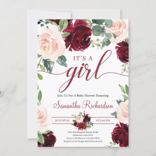 Deep Merlot Florals Maroon and Navy Its A GIrl Invitation