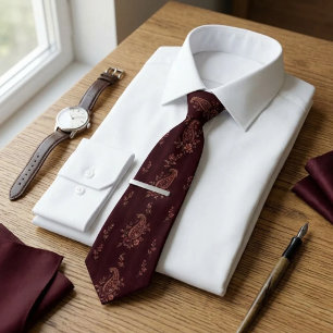 Deep Merlot Rose Botanical Paisley Floral Neck Tie