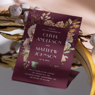 Deep Merlot Wedding | Floral Burgundy Plum QR Code Invitation