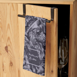 Deep moody navy blue floral kitchen towel