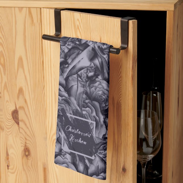 Deep moody navy blue floral kitchen towel (Thirds Fold)