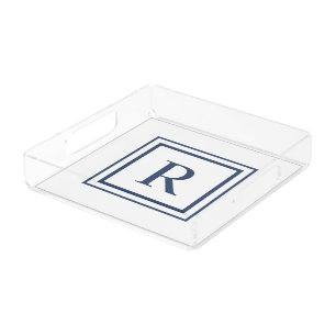 Deep Navy And White Square Border Monogram Acrylic Tray