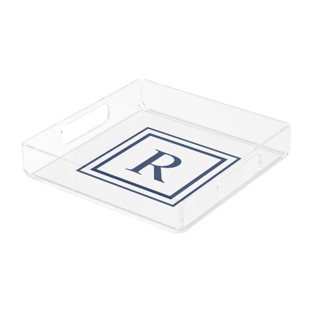 Deep Navy And White Square Border Monogram  Acrylic Tray (Angled)