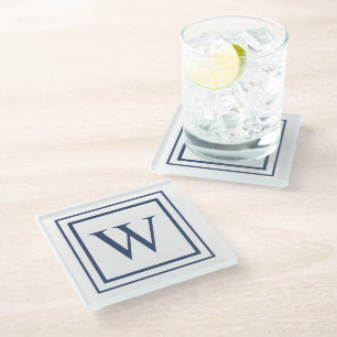 Deep Navy And White Square Border Monogram  Glass Coaster