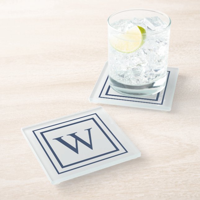Deep Navy And White Square Border Monogram  Glass Coaster (Angled)