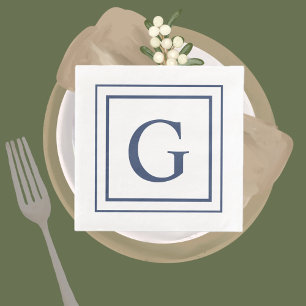 Deep Navy And White Square Border Monogram Paper Dinner Napkins