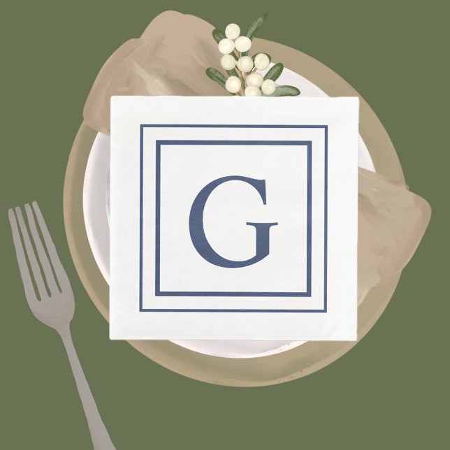 Deep Navy And White Square Border Monogram  Paper Dinner Napkins (Creator Uploaded)