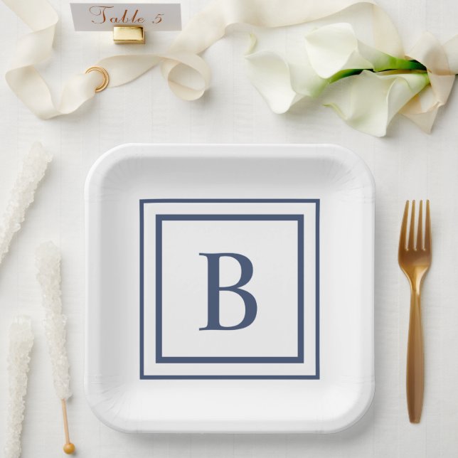Deep Navy And White Square Border Monogram  Paper Plates (Wedding)