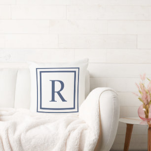 Deep Navy And White Square Border Monogram  Throw Pillow