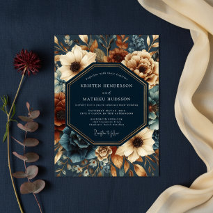 Deep Navy Autumn Bloom Wedding Invitation