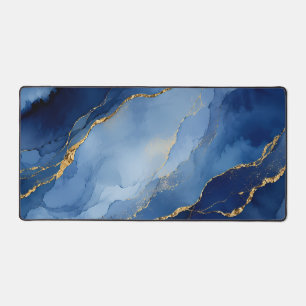 Deep Navy Blue and Gold Alcohol Ink Agate Texture Desk Mat