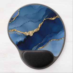 Deep Navy Blue and Gold Alcohol Ink Agate Texture Gel Mouse Pad