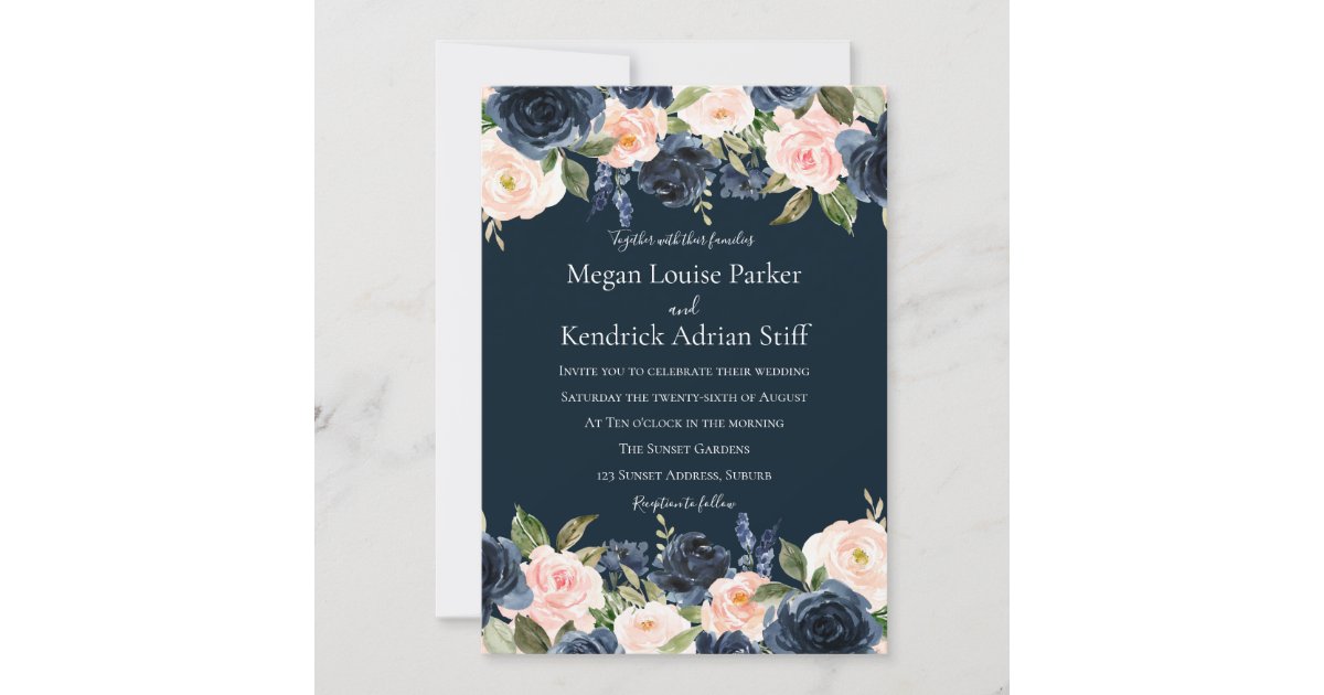 Navy Blue Monogram Wedding Invitation Template Botanical 