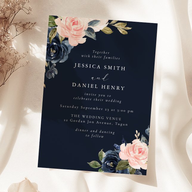 Deep Navy Blue & Blush Floral Wedding Invitation (Creator Uploaded)