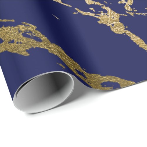 Deep Navy Blue Gold Marble Shiny Glam Wrapping Paper