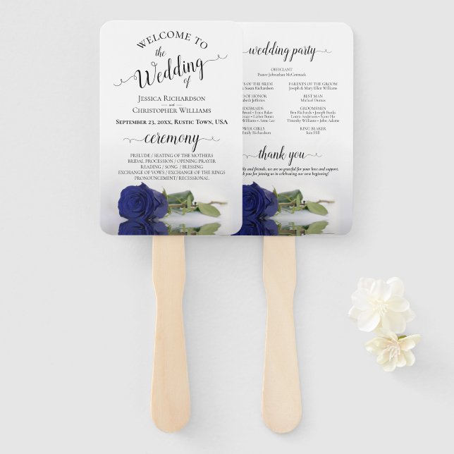 Deep Navy Blue Rose Elegant Wedding Program Hand Fan (Front and Back)