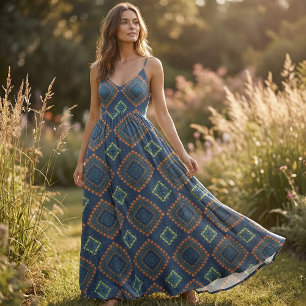 Deep Navy Blue Rust Orange Geometric Tribal Mosaic Fabric