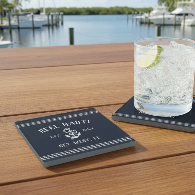 Deep Navy Blue | Rustic Anchor Boat Name Glass Coaster (Creator Uploaded)