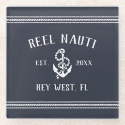 Deep Navy Blue | Rustic Anchor Boat Name Glass Coaster