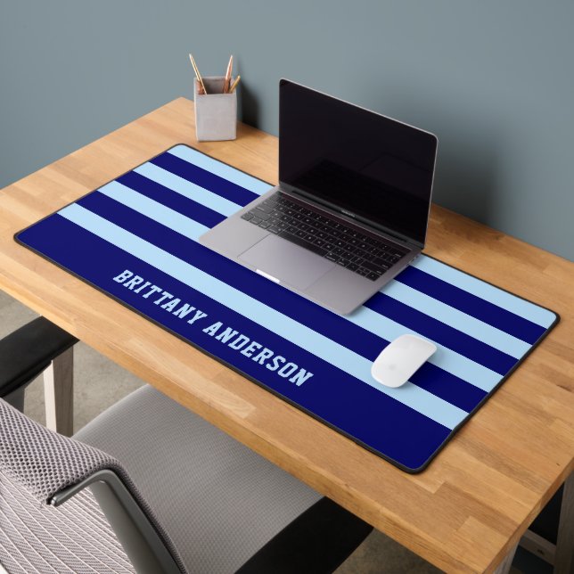 Deep Navy Blue & Sky Blue Stripes Pattern  Desk Mat (Office 2)