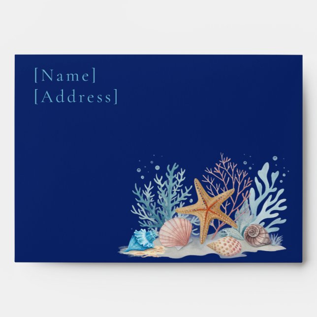 Deep Navy Blue Under the Sea Coral Reef Wedding Envelope (Front)