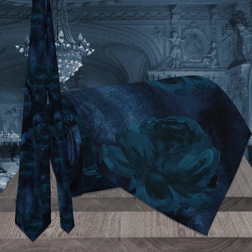 Deep Navy Blue Watercolor Peonies Wedding Neck Tie