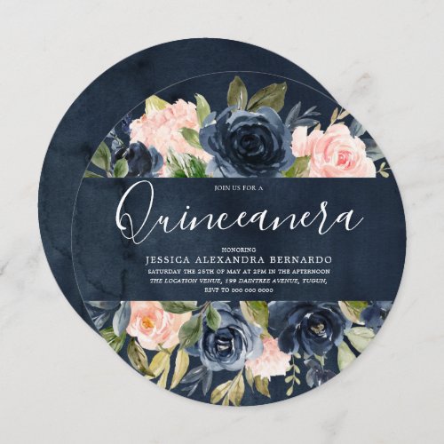 Deep Navy  Blush Floral Quinceanera 15th Birthday Invitation