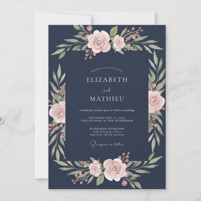 Deep Navy Blush Watercolor Wedding Invitation (Front)