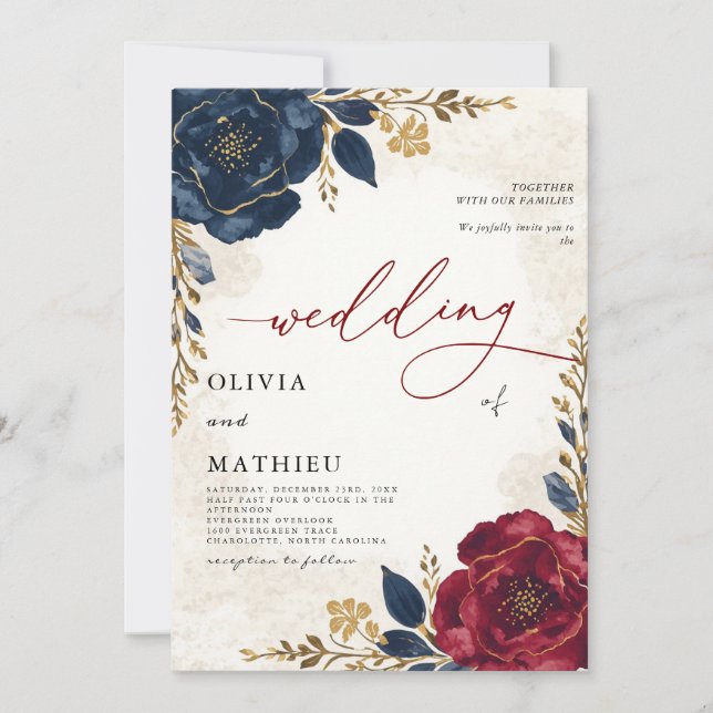 Deep Navy Burgundy Floral Botanical Wedding Invitation (Front)