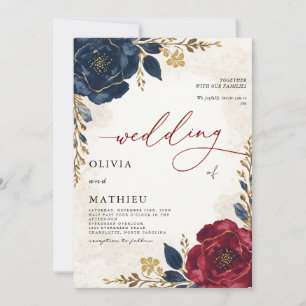 Deep Navy Burgundy Floral Botanical Wedding Invitation
