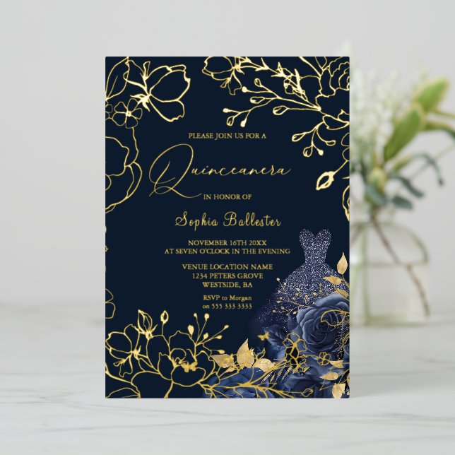 Deep Navy Floral & Dress Quinceanera Gold Leaves Foil Invitation (Standing Front)