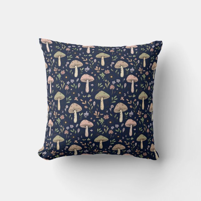 Deep Navy Fungi Seamless Moody Dark Academia Throw Pillow (Front)