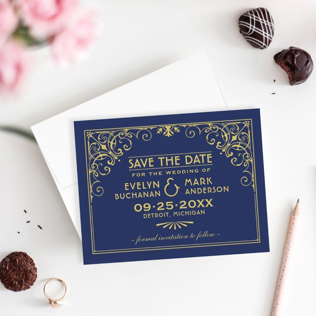 Deep Navy Gold Art Deco Frame Wedding Save The Date (Creator Uploaded)