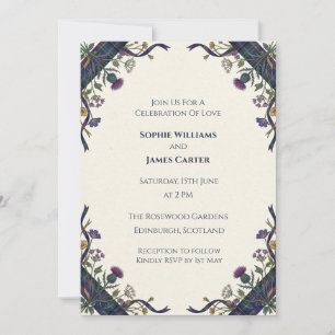 Deep Navy Gold Floral Thistle Scottish Wedding Inv Invitation