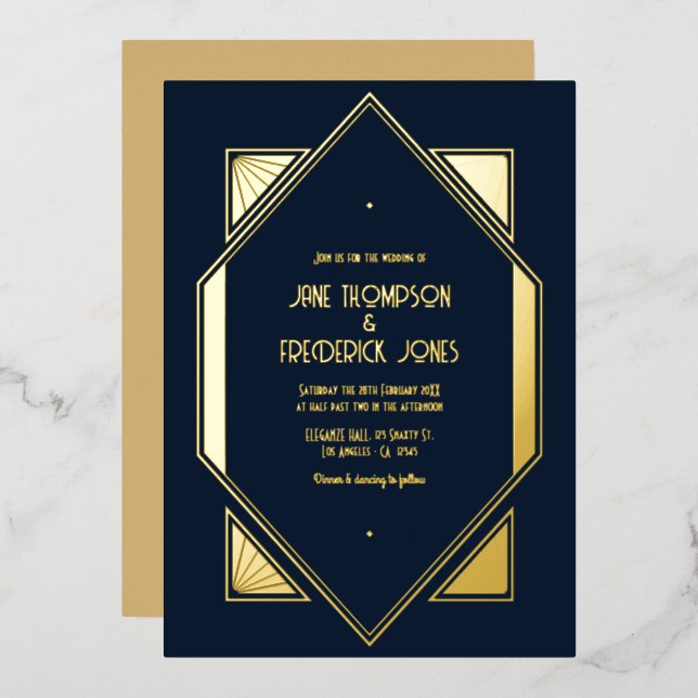Deep Navy & Gold Gatsby Art Deco Wedding Foil Invitation (Front/Back)