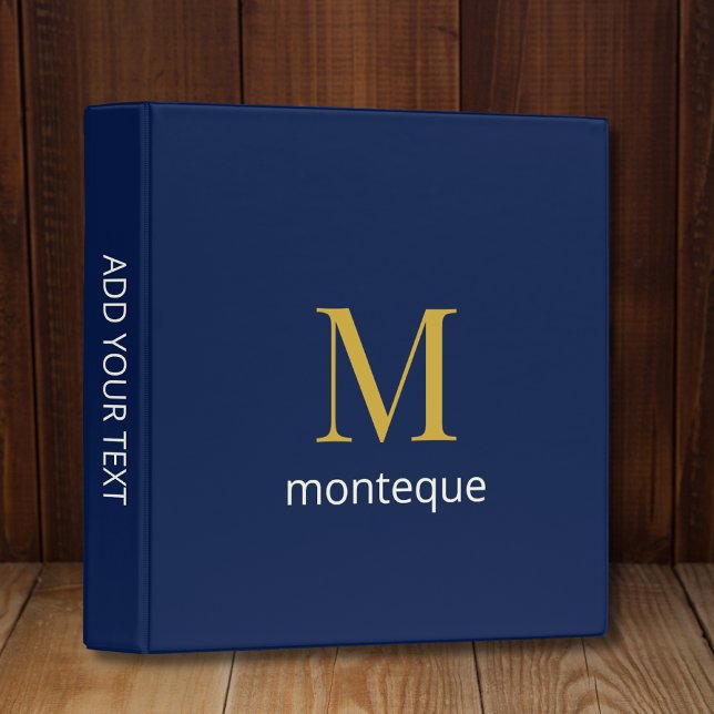 Deep Navy Gold Monogram Personalized Name Luxury  3 Ring Binder (Creator Uploaded)
