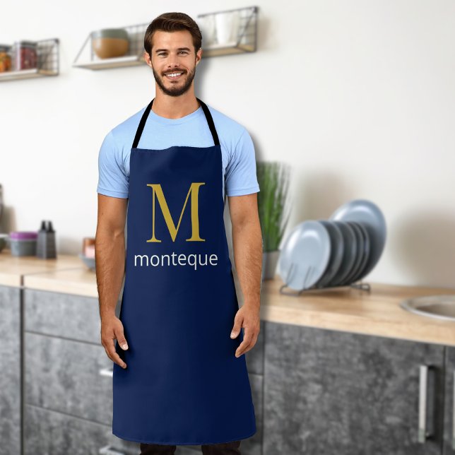 Deep Navy Gold Monogram Personalized Name Luxury  Apron (Creator Uploaded)