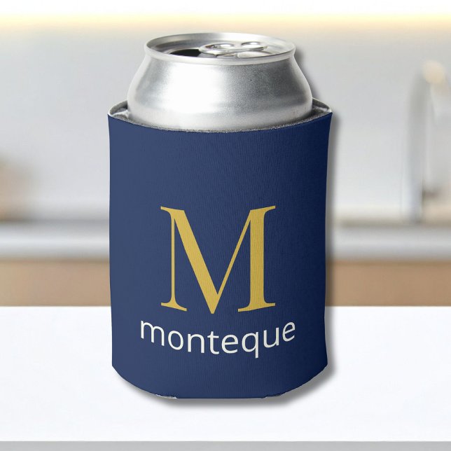 Deep Navy Gold Monogram Personalized Name Luxury  Can Cooler (Creator Uploaded)