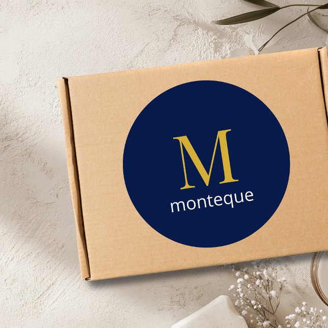 Deep Navy Gold Monogram Personalized Name Luxury  Classic Round Sticker (Creator Uploaded)