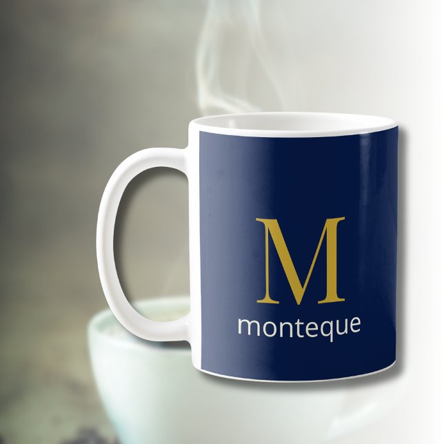 Deep Navy Gold Monogram Personalized Name Luxury  Coffee Mug (Creator Uploaded)